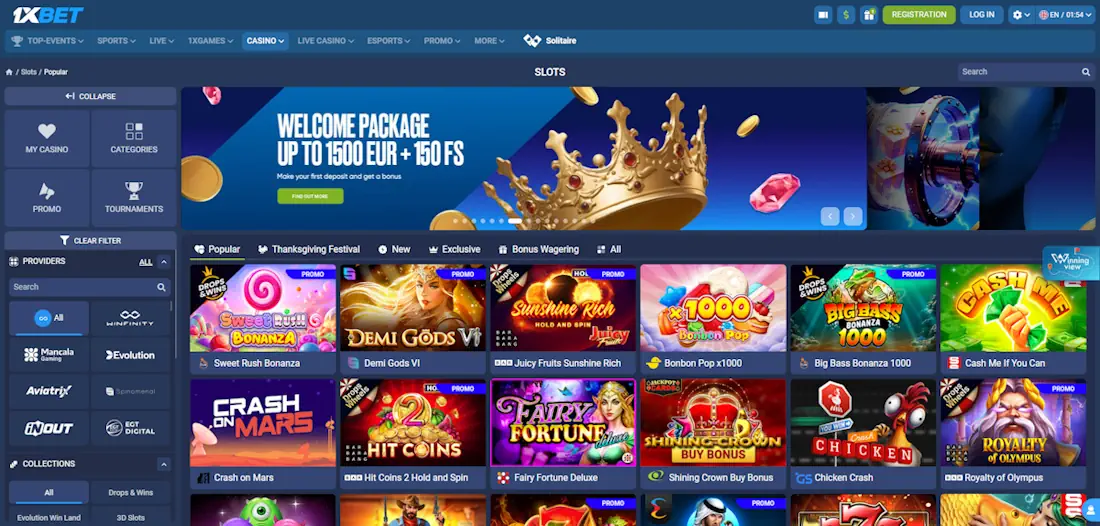 1xBet Slots and Welcome Package Screenshot